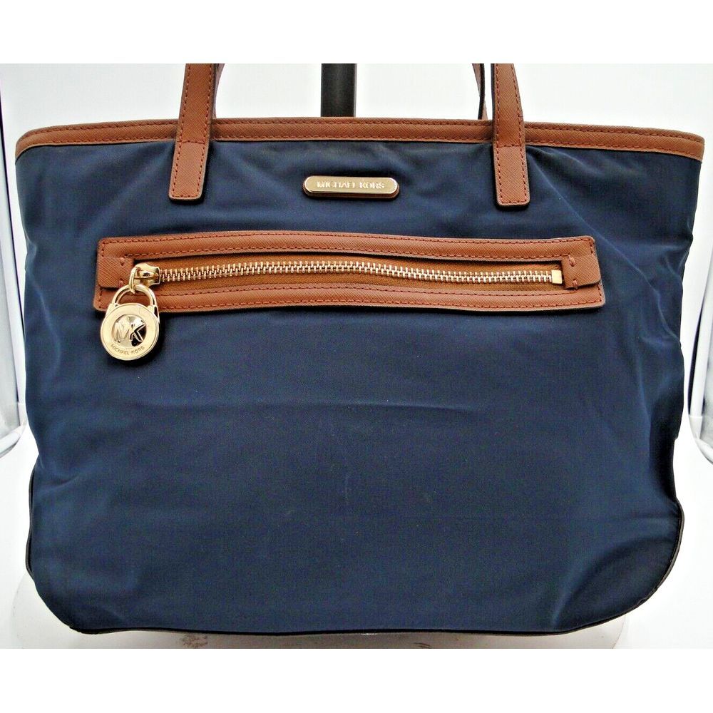 Michael Kors Kempton Nylon Satchel Tote Purse Shoulder Bag in Navy and Brown